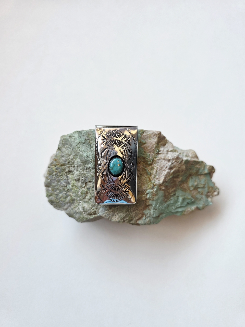 Turquoise Stone Stamped Silver Money Clip - Turquoise